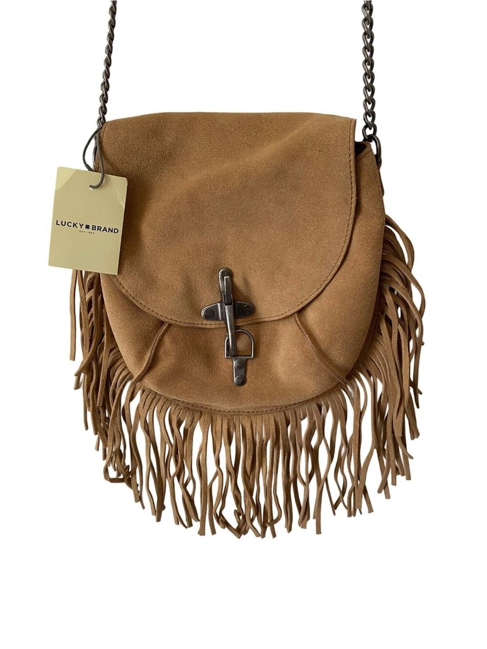 Lucky Brand NWTs Women's Suede Fringe Crossbody Bag Tan Small